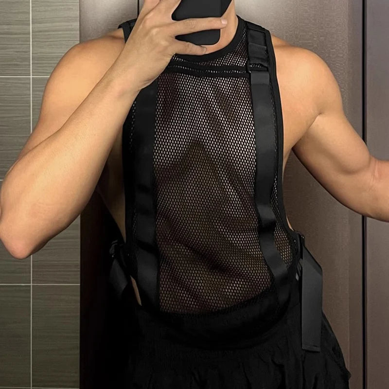 INCERUN Men's Tank Tops Mesh Transparent Solid Color O-neck Sleeveless Casual Male Vests Streetwear 2024 Fashion Men Clothing