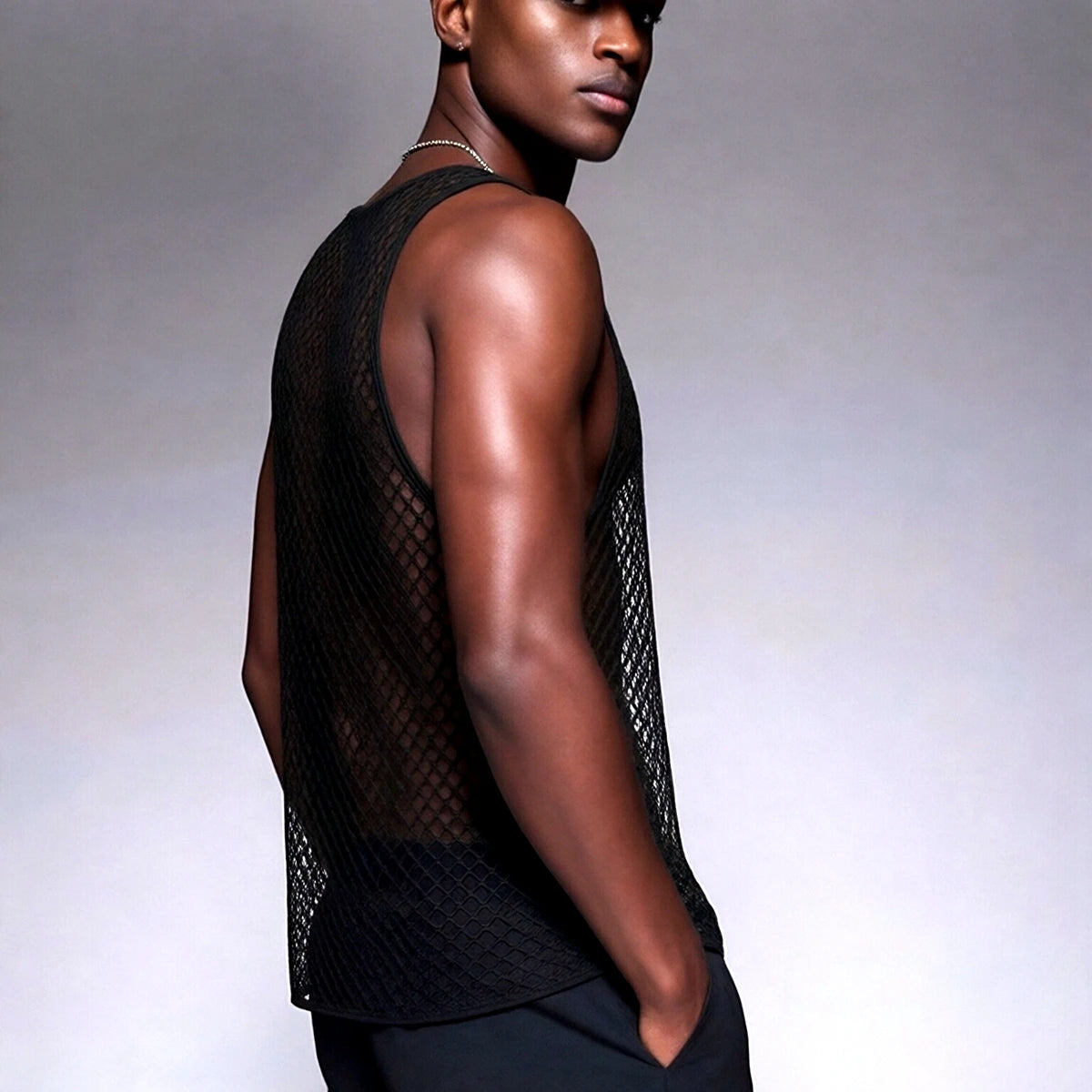 JOCKMAIL Men Tank Tops Mesh Hollow Out O-neck Sleeveless Male Vests Streetwear Summer Sexy See Through Fashion Men Clothing