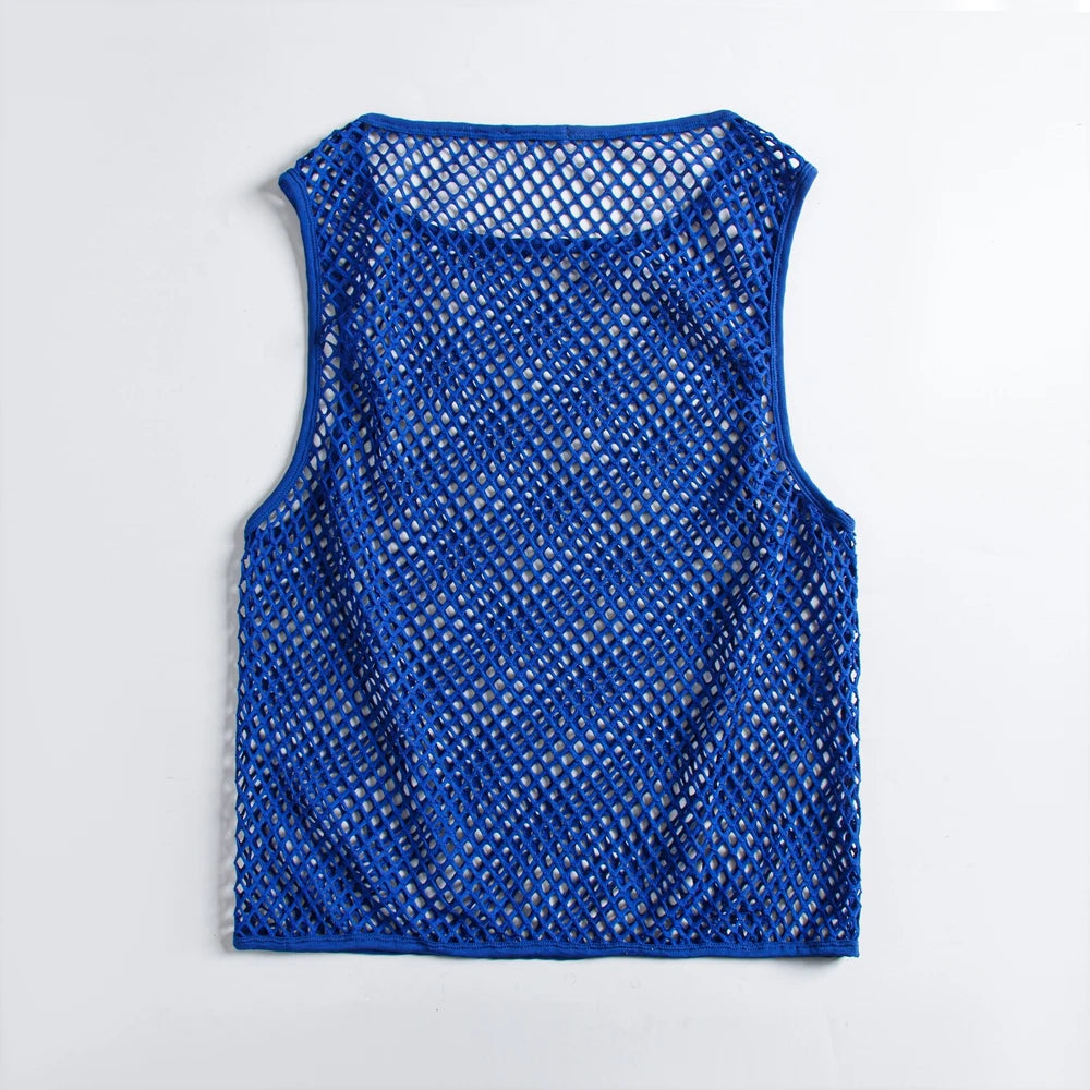 JOCKMAIL Men Tank Tops Mesh Hollow Out O-neck Sleeveless Male Vests Streetwear Summer Sexy See Through Fashion Men Clothing