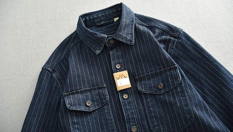 17oz Heavyweight Retro Casual Wear Men's Shirt Coat Washed Denim Cargo Jeans Oversized Tops Vertical Stripped Long Sleeve Male