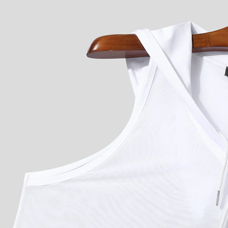 INCERUN Men Tank Tops Mesh Transparent Solid Color Hooded Sleeveless V Neck Male Vests Streetwear Sexy 2024 Fashion Men Clothing