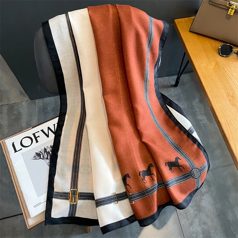 Luxury Brand 2023 Winter Women Scarf Beach Horse Shawl Cotton Lady Fashion Chain Scarves Bandana Pashmina Wrap Hijab Muffler