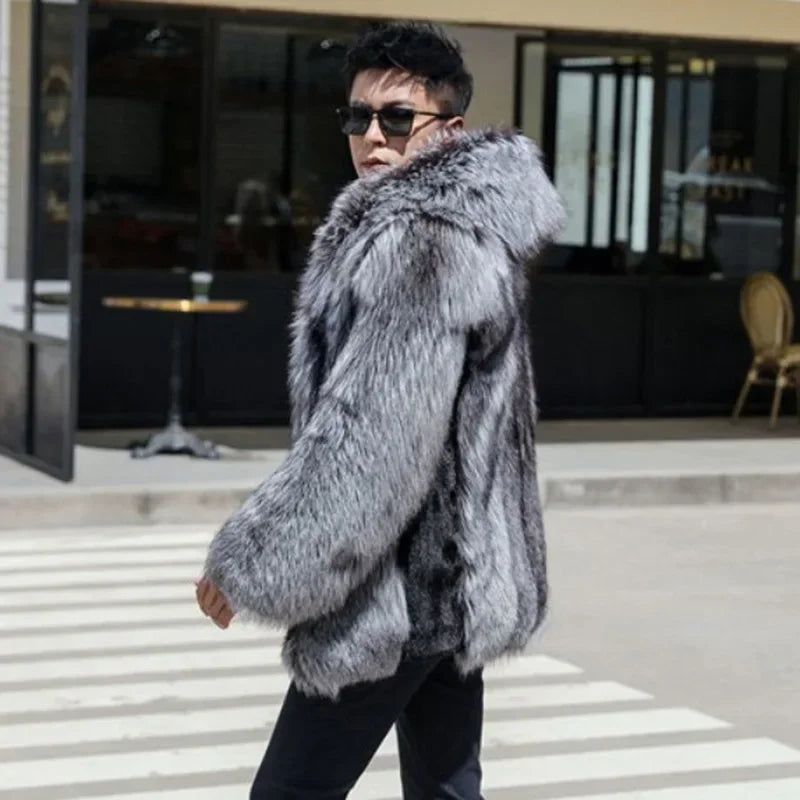Fur Coat Men Autumn Winter Hooded Thick Faux Fox Jacket Long Sleeve Warm Luxury Fur Black Parkas Bontjas Furry Shaggy Outerwear