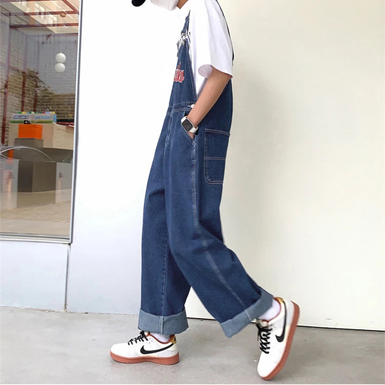 American retro denim overalls men's design sense niche Japanese casual loose couple straight work overalls vintage jeans men