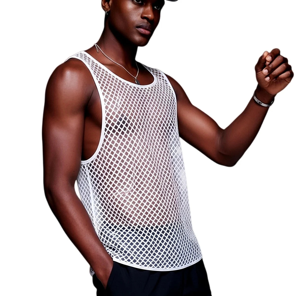 JOCKMAIL Men Tank Tops Mesh Hollow Out O-neck Sleeveless Male Vests Streetwear Summer Sexy See Through Fashion Men Clothing