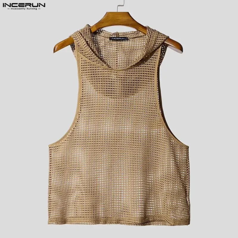 INCERUN Men Tank Tops Mesh Hollow Out Sexy See Through Hooded Sleeveless Male Vests Solid Streetwear Fashion Men Clothing S-3XL