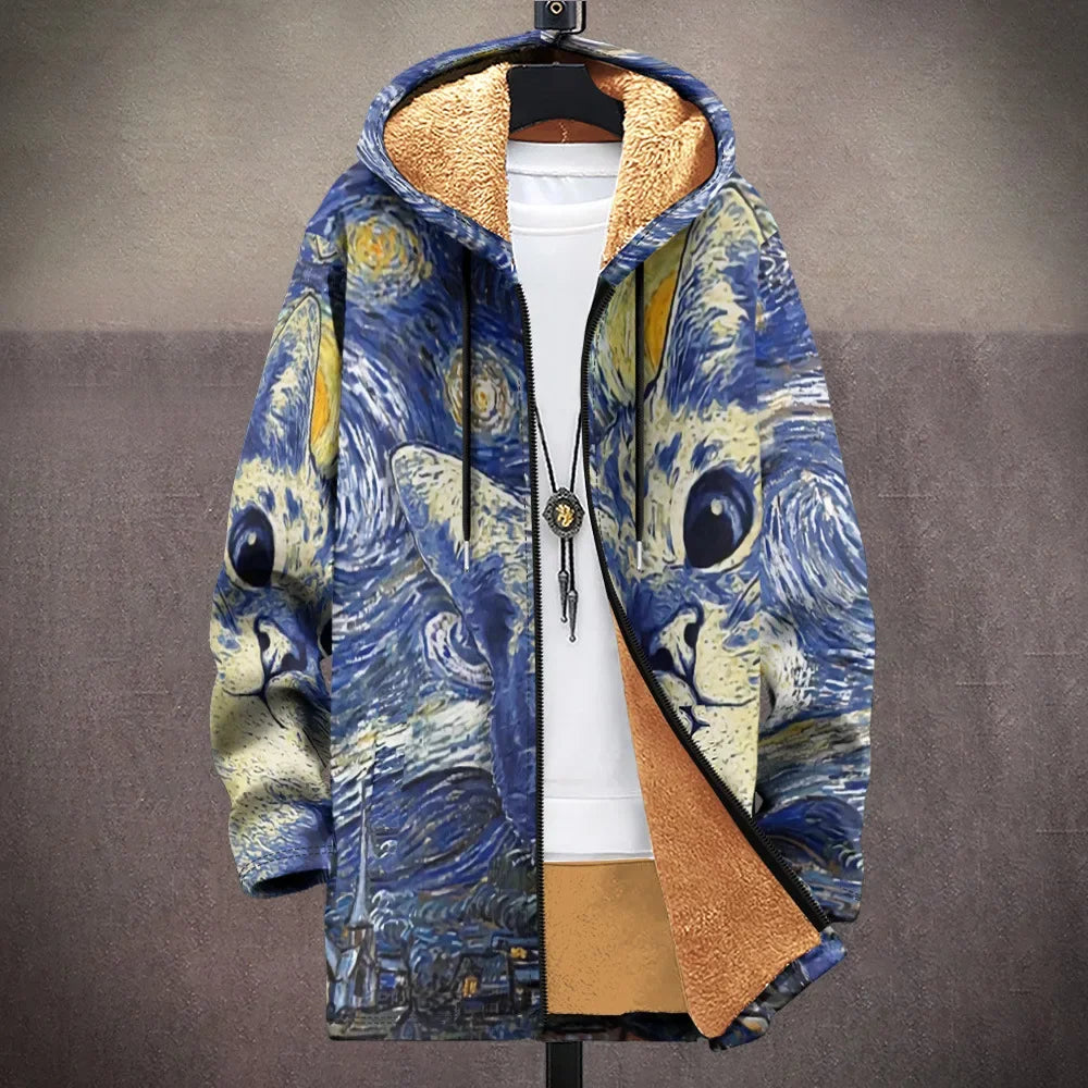Men Cardigans Coats Wave Art Graphics Printed Japanese Style Plush Thick Winter Jackets Casual Streetwear for Unisex Clothing