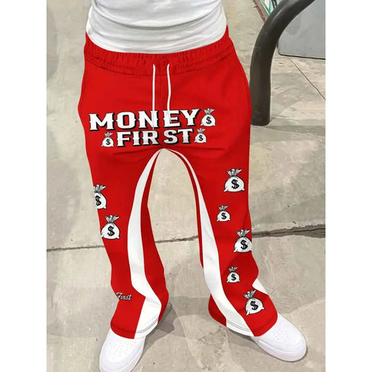 Men's Casual Street Style Trendy Cross Print Fashionable Slightly Flared Black and White Color-Block Design Sweatpants Men Pants