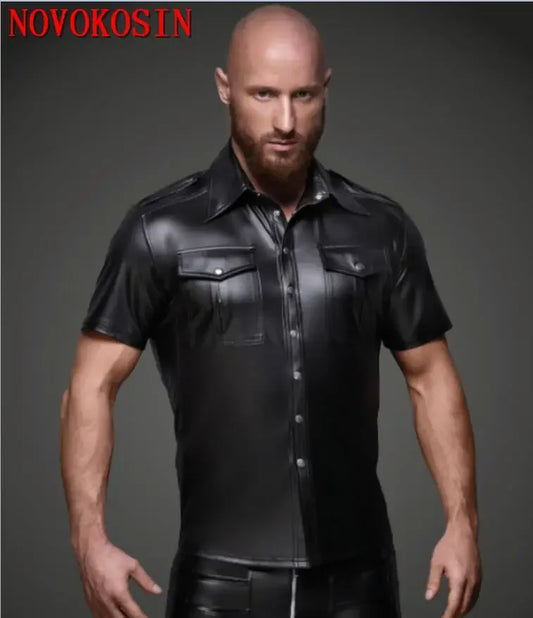 S-2XL Fashion Wet Look Black Faux Leather Men Sexy Two Pockets Tops Tees DS Night Motorcycle Short Sleeves Shirts With Button