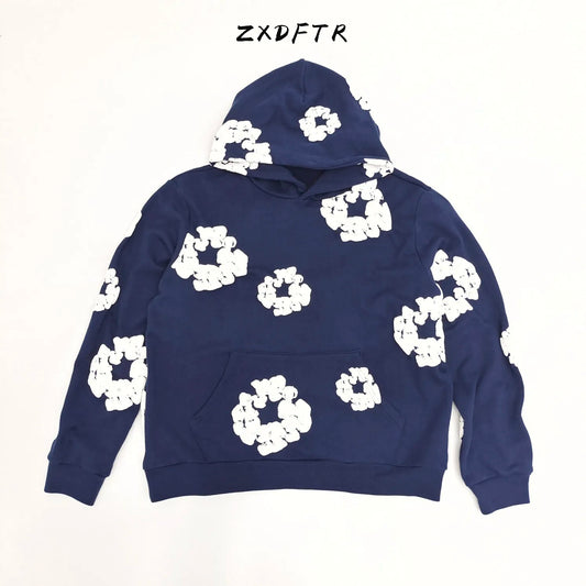 ZXDFTR Spring Fall Men's High Street Hip Hop Flower Sports Denim Hoodie