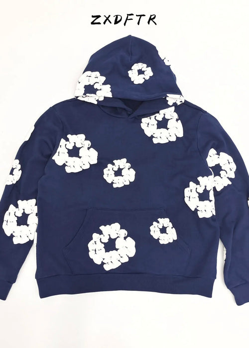 ZXDFTR Spring Fall Men's High Street Hip Hop Flower Sports Denim Hoodie