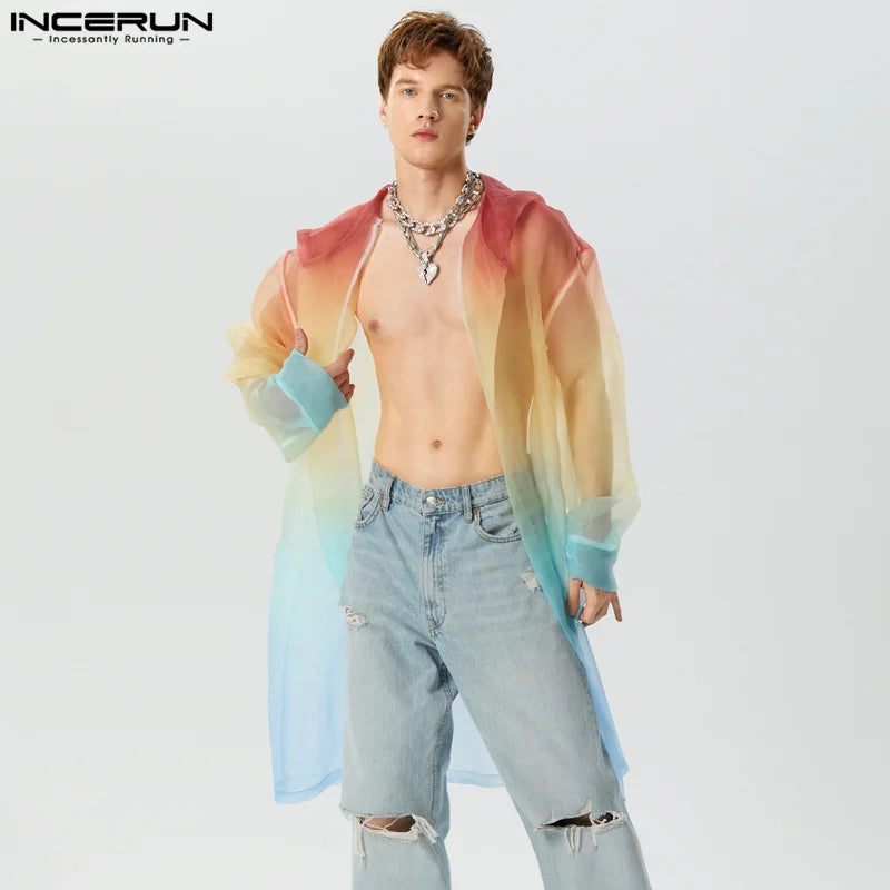 Men Trench Tie Dye Gradient Hooded Long Sleeve Transparent Open Stitch Casual Coats Streetwear Fashion Male Cardigan INCERU