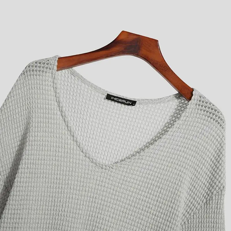 INCERUN Men T Shirt Solid Color Knitted V Neck Long Sleeve Casual Men Clothing Streetwear 2023 Hollow Out Loose Camisetas S-5XL
