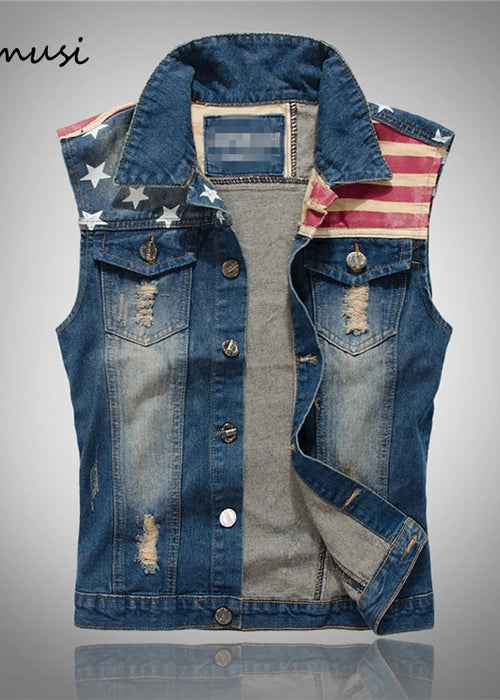 DIMUSI Brand Mens Denim Vest Men Cowboy Ripped Sleeveless Vintage Jacket Tank Spring USA Flag washed Jeans Vest Plus Size 5XL