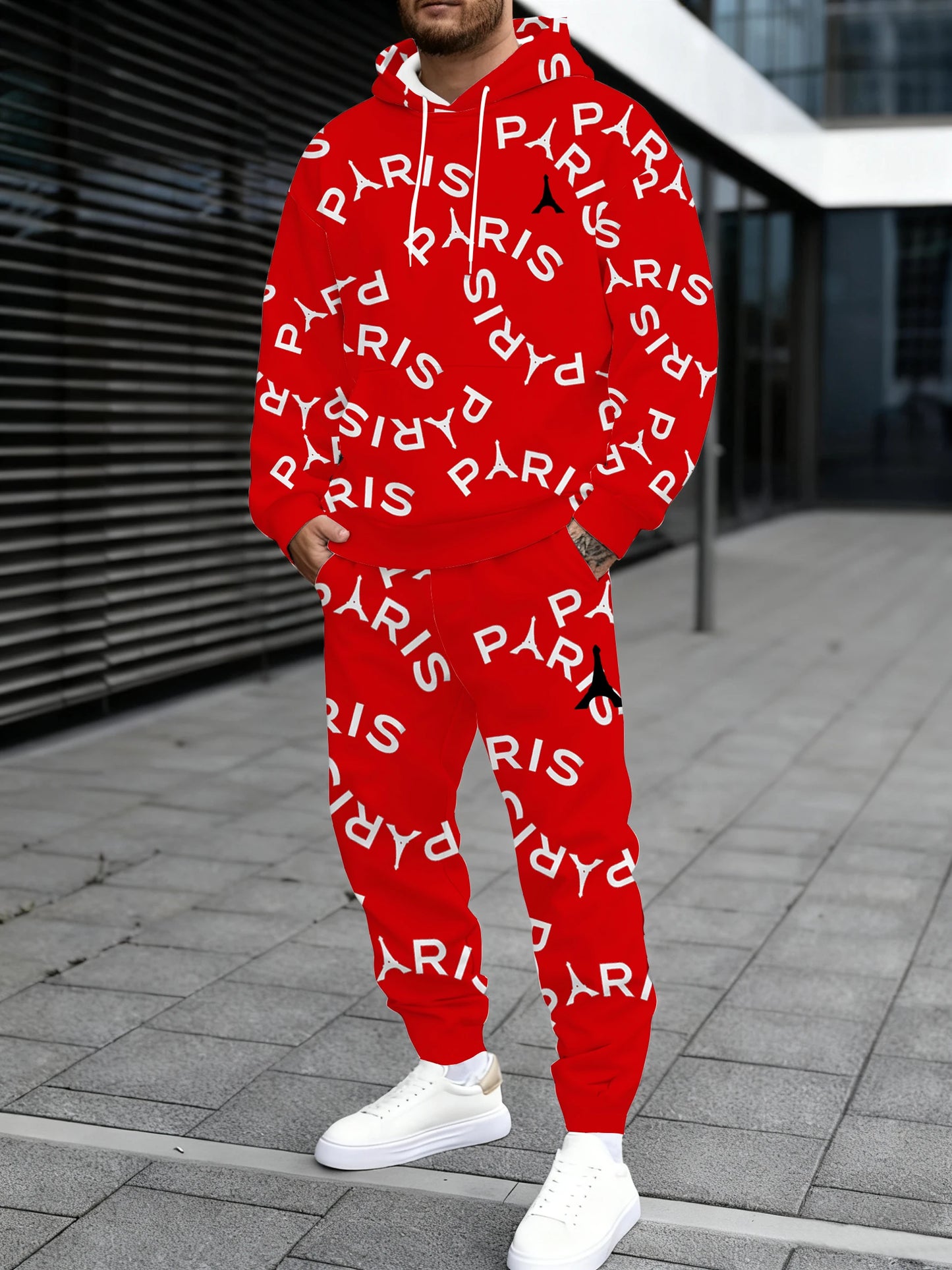 Men's hooded sweatshirt and sweatpants, with PARIS color-blocking combinations, are versatile for the street