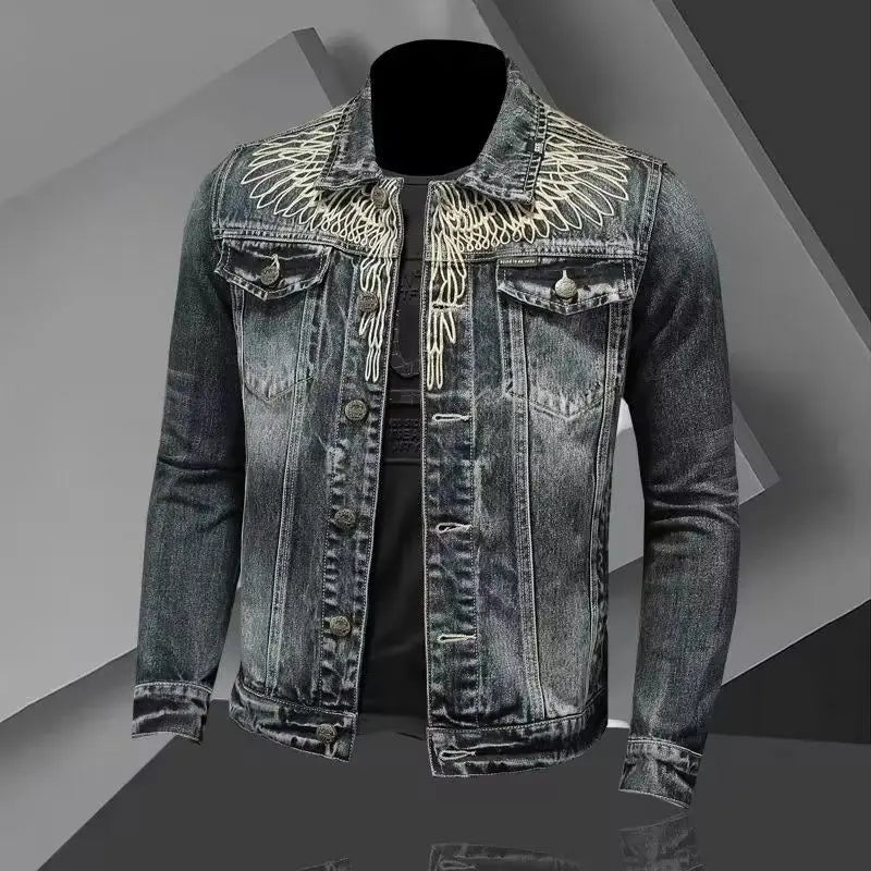 Men's retro denim jacket high street trendy embroidered lapel motorcycle jacket loose casual fashion versatile men's clothing