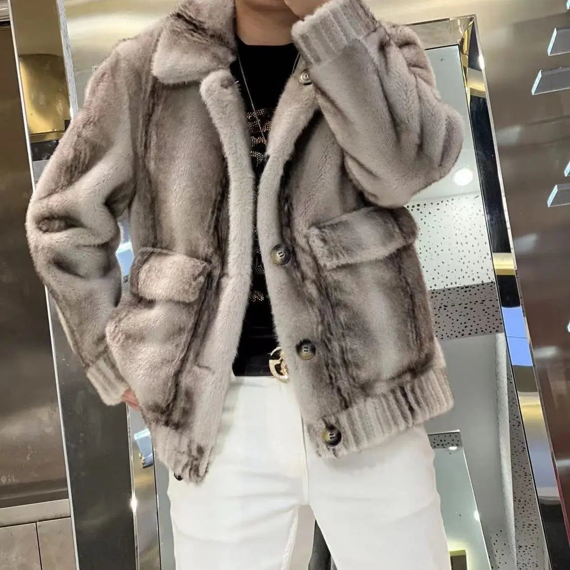 Luxury Brand Winter Faux Fur Coat Men Warm Fur Jacket Single-breasted Reversible Wear Windproof Jacket Business Casual Outerwear
