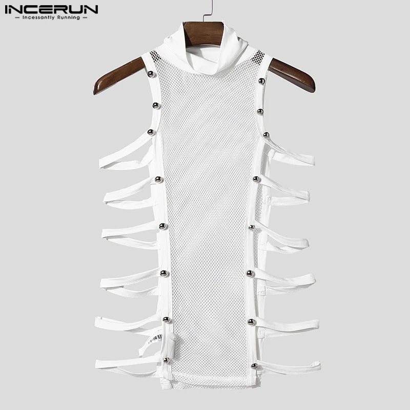 INCERUN Men Tank Tops Mesh Patchwork See Through Turtleneck Sleeveless Male Vests Streetwear Hollow Out Sexy Men Clothing Summer