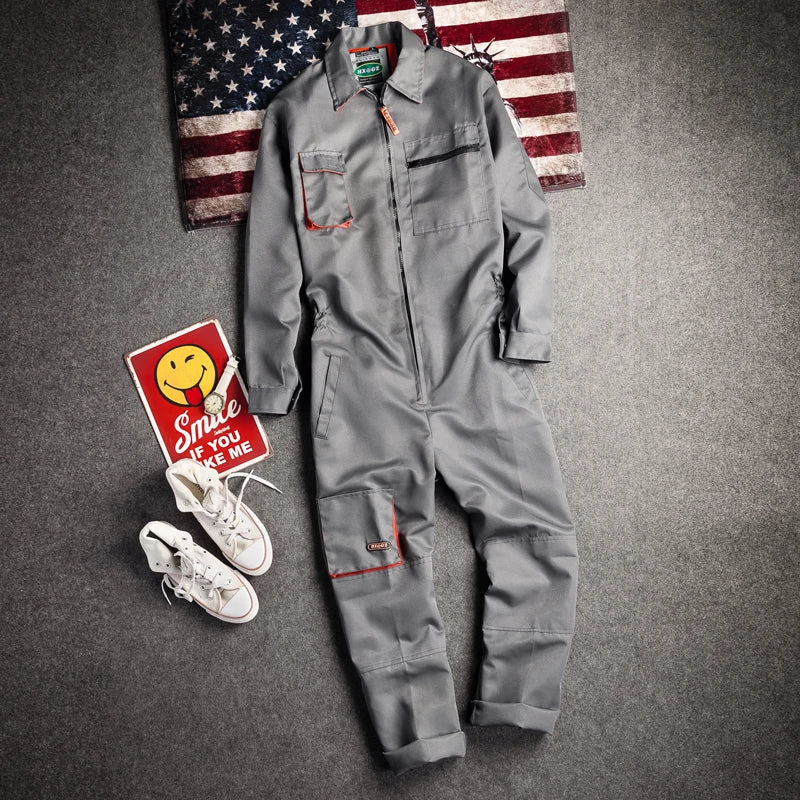 New Men's Long-Sleeved Overalls Overalls Zipper Pocket Jumpsuit Jumpsuit Fashion Labor Casual Work Clothes Plus Size S-4xl