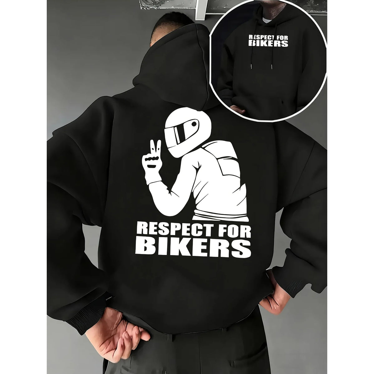 Biker Respect Statement Hoodie with Rider Peace Sign, Hip Hop Sport Style Loose Fit Casual Streetwear Long Sleeve Sweatshirt