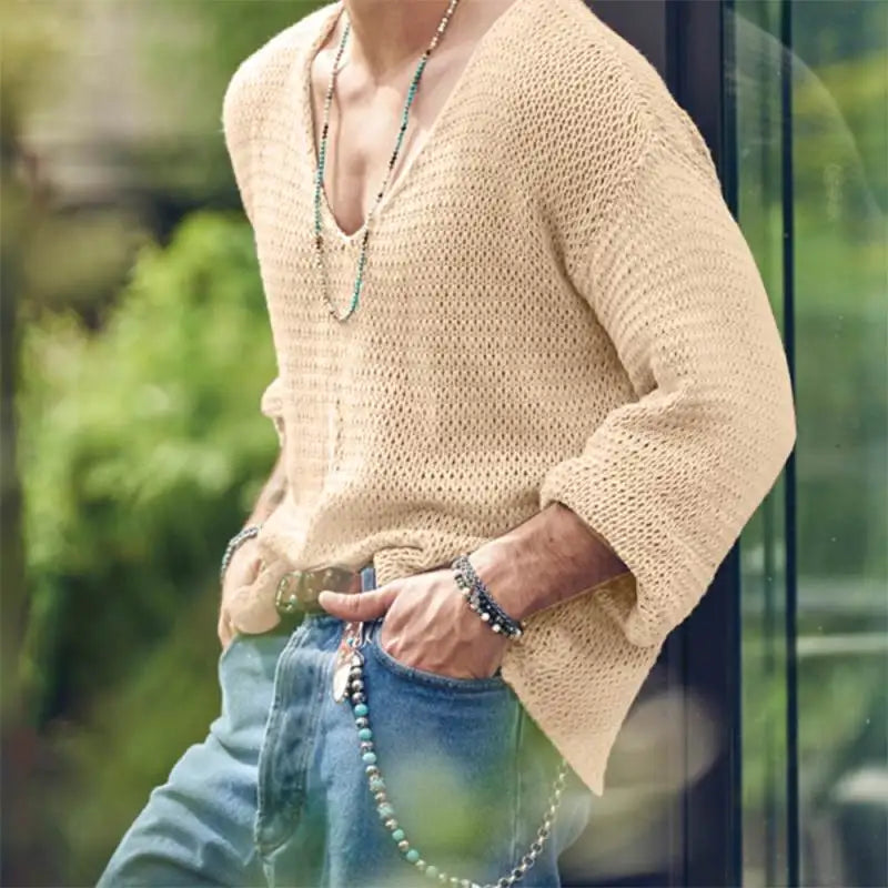 INCERUN Men T Shirt Solid Color Knitted V Neck Long Sleeve Casual Men Clothing Streetwear 2023 Hollow Out Loose Camisetas S-5XL