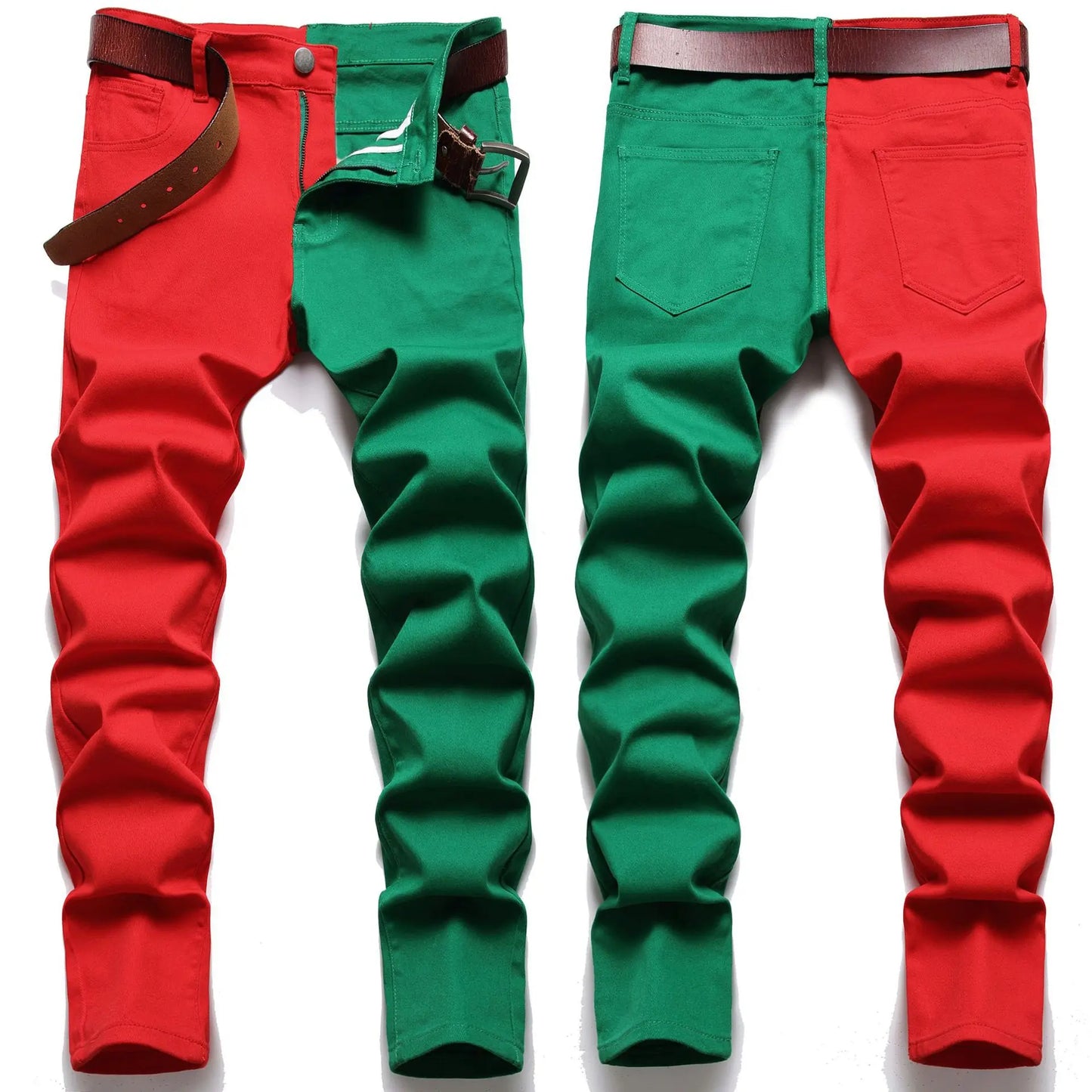 Two Colors Spliced Into Jeans Men's Fashion Casual Trousers and Shorts Red Green Yellow Denim Pants 28-38