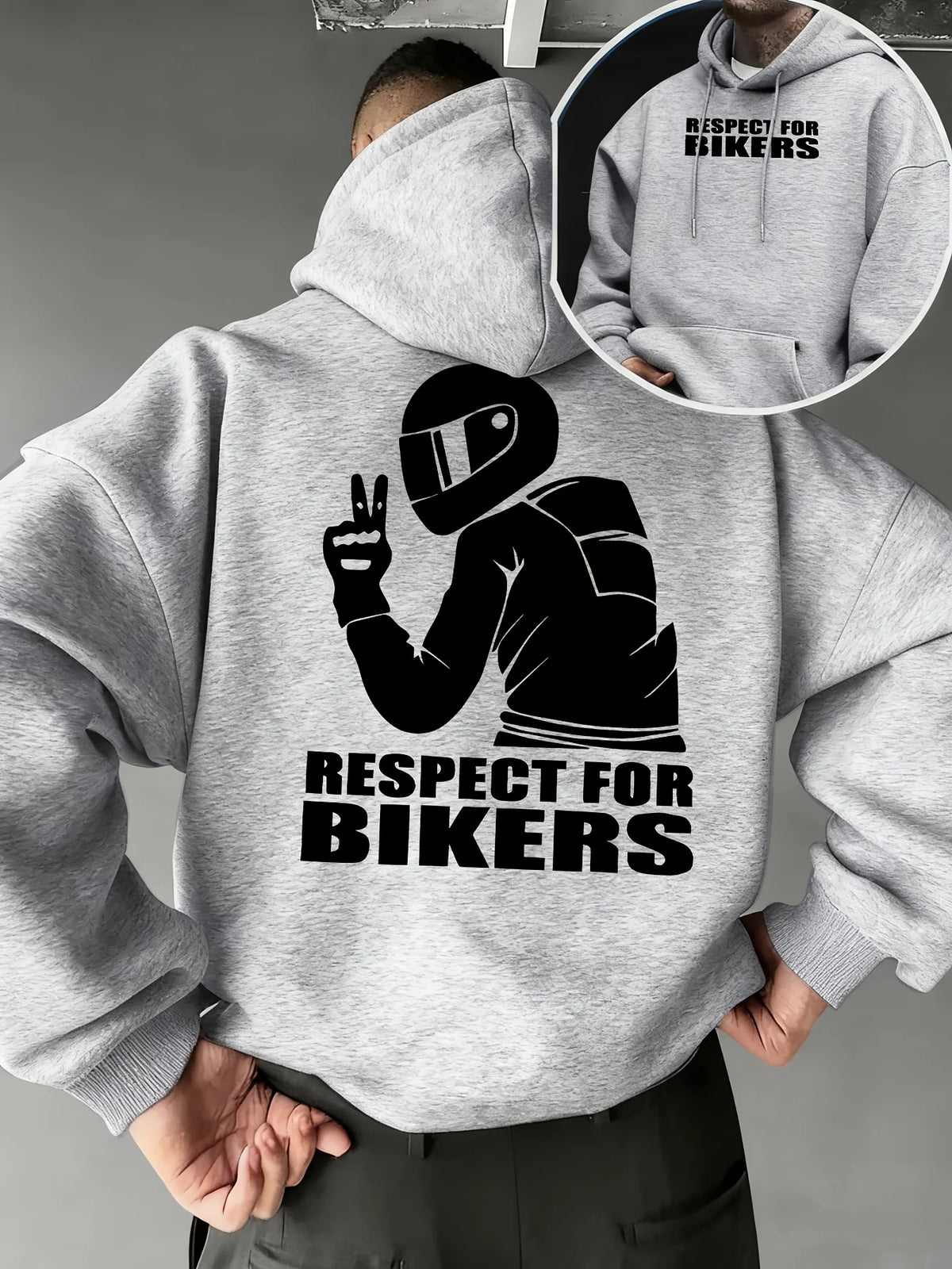 Biker Respect Statement Hoodie with Rider Peace Sign, Hip Hop Sport Style Loose Fit Casual Streetwear Long Sleeve Sweatshirt