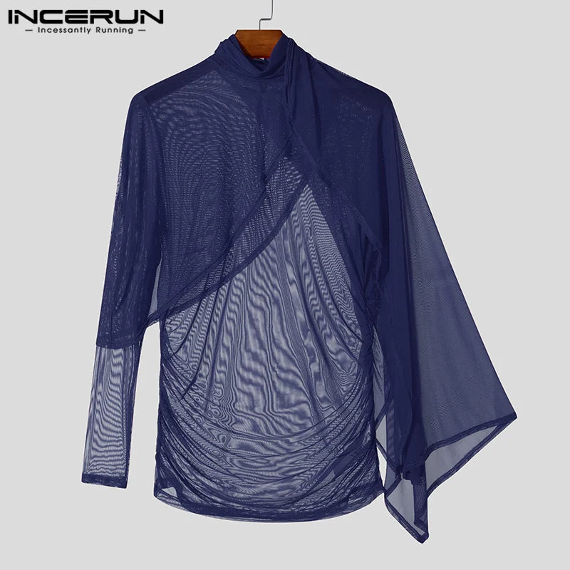 INCERUN Men See Through Solid Color Knitted T-Shirts Long Sleeve High Collar Camiseta Ruffled Edge Sexy Elegant Tops Fashion Top