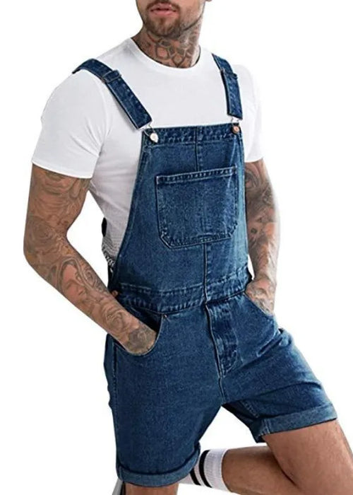 Wepbel One-Piece Working Bib Top Pants Denim Retro Jeans Overalls Summer Men's Denim with Hole Shorts Suspender Shorts Jeans