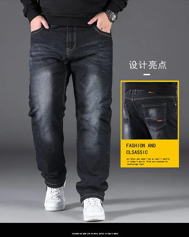 Men's Large Size Jeans Elastic Band NO 40  Oversize High Waist Loose Pant Husband Plus Size Fat Loose Black Male Denim Trouser