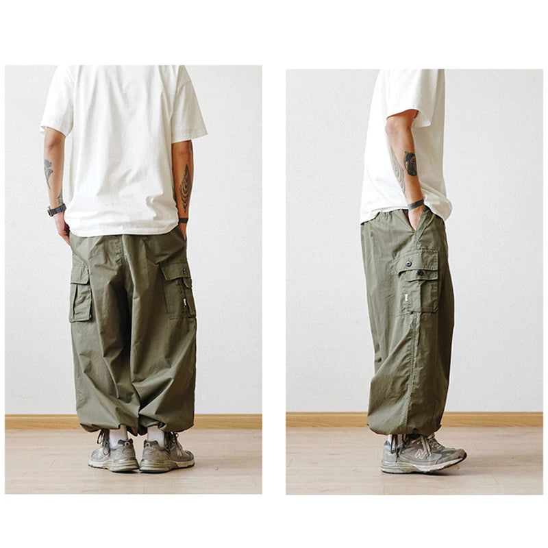 Multi-Pocket Oversized Cargo Pants Mens Casual Solid Thin Baggy Wide Leg Ankle Trousers Man Jogger Pants Harem Lantern Pants