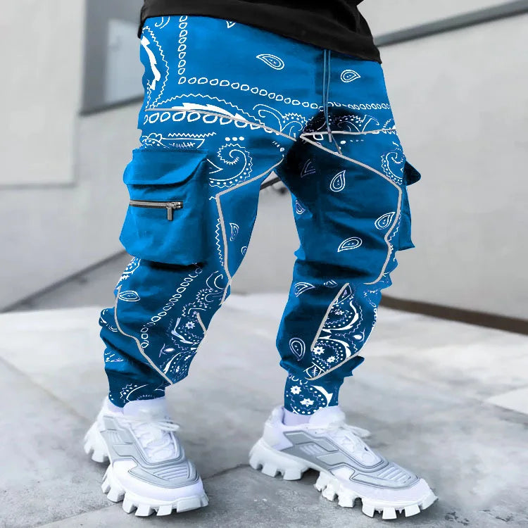 New Men's Cargo Pants Trend Printed Loose Hip Hop Fashion Street Wear Big Pocket Overalls Men Bright Color Four Seasons Trousers
