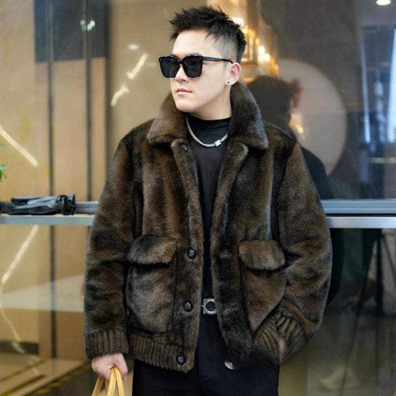 Luxury Brand Winter Faux Fur Coat Men Warm Fur Jacket Single-breasted Reversible Wear Windproof Jacket Business Casual Outerwear