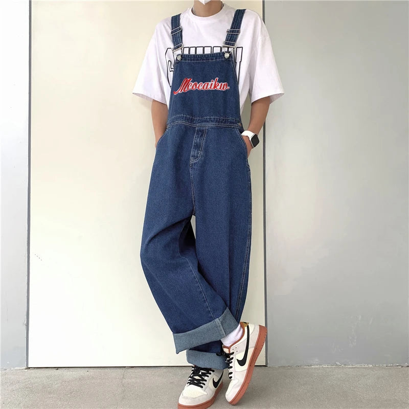 American retro denim overalls men's design sense niche Japanese casual loose couple straight work overalls vintage jeans men