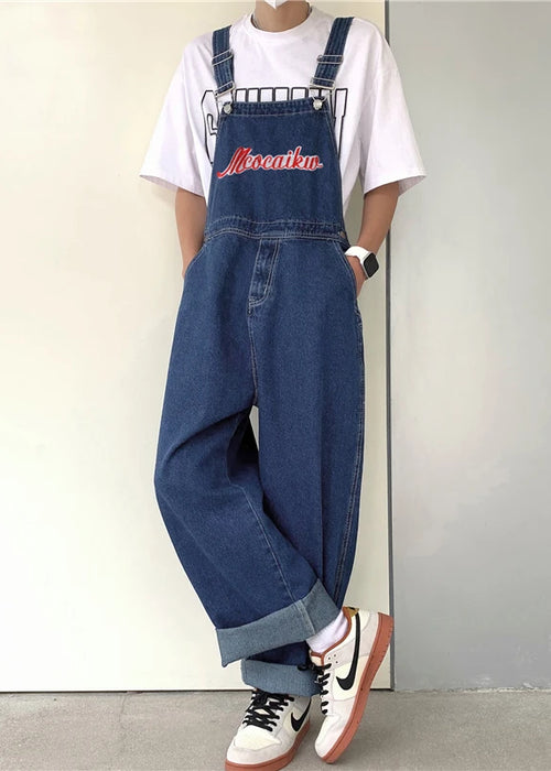 American retro denim overalls men's design sense niche Japanese casual loose couple straight work overalls vintage jeans men