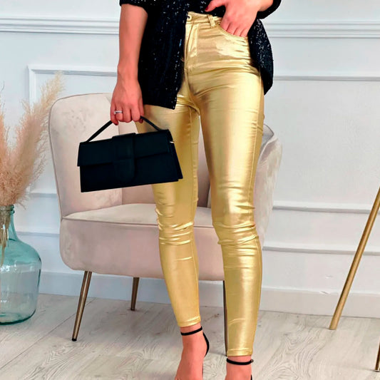 Women Leggings Faux Leather Pants Spring Gold Silver Fashion Lady Trousers Sexy Skinny Tight Pocket Button Female Long Pants