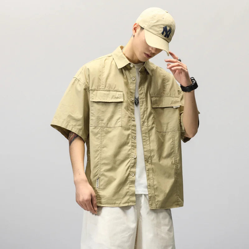 Summer Japanese Cargo Short Sleeve Shirt Men's Pockets Button Turn-down Collar Shirts Fashion Casual Cardigan blouses Tops