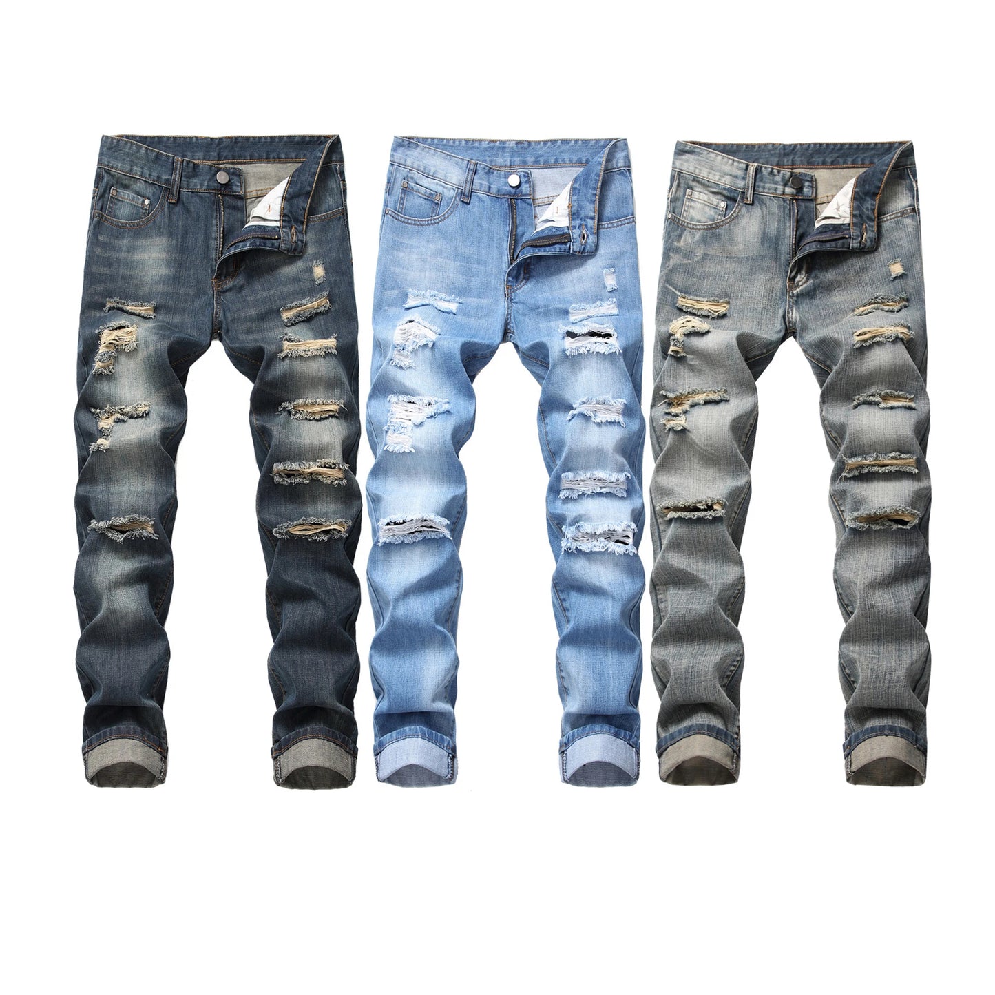 Fall New Men's Wear Ripped Straight Fit Stretchless Jeans Fashionable Blue Casual Social Hip Hop Party High Quality Denim Pants