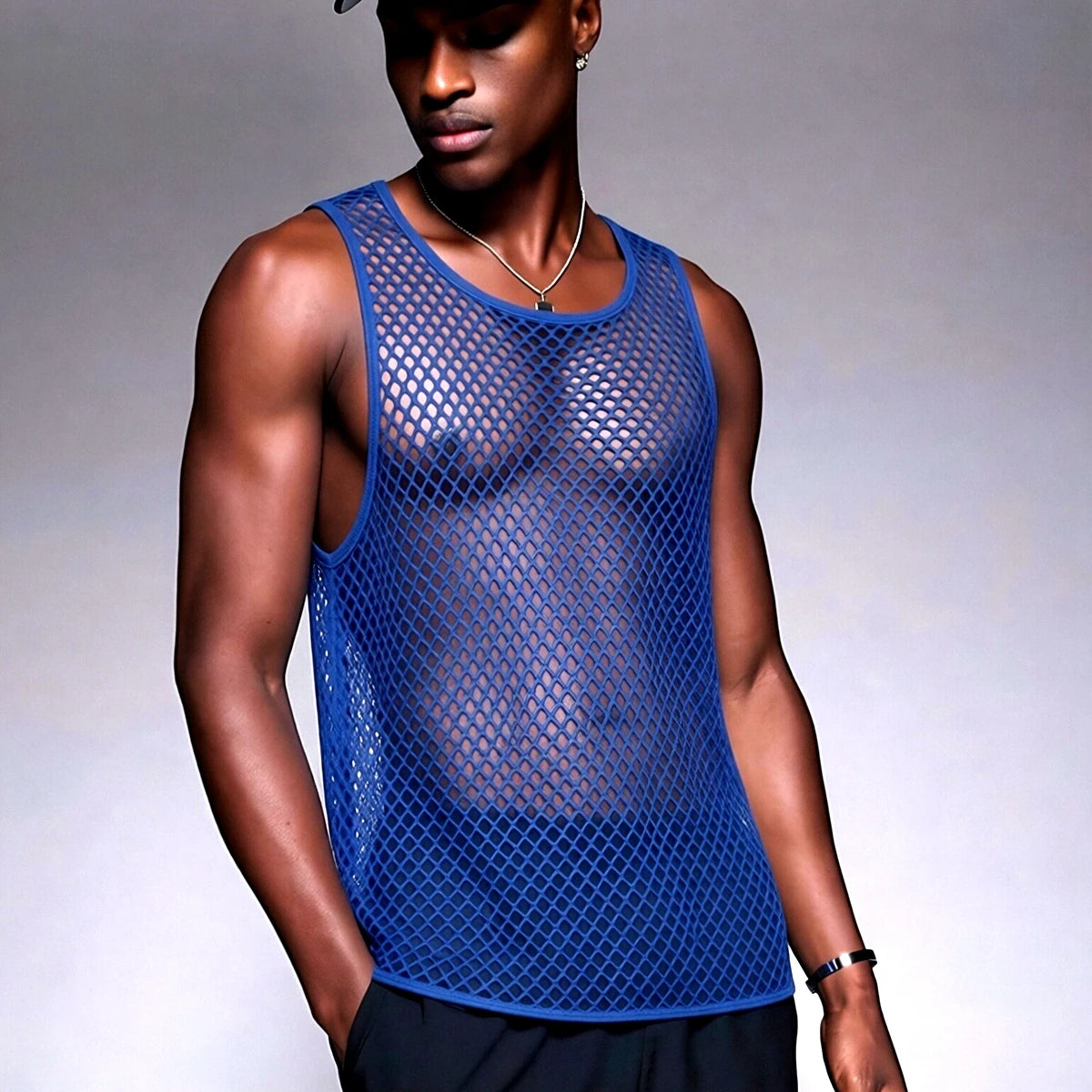 JOCKMAIL Men Tank Tops Mesh Hollow Out O-neck Sleeveless Male Vests Streetwear Summer Sexy See Through Fashion Men Clothing