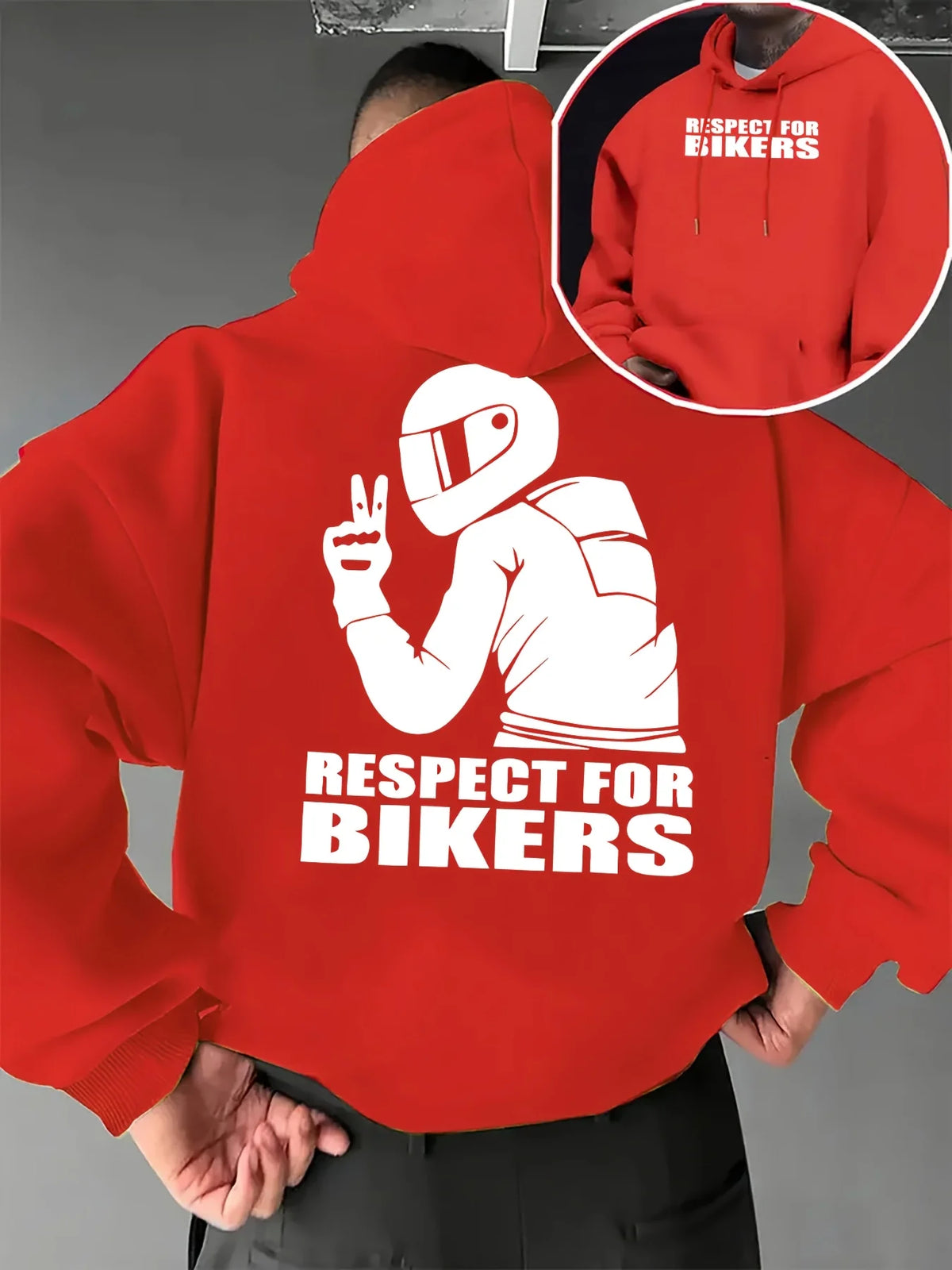Biker Respect Statement Hoodie with Rider Peace Sign, Hip Hop Sport Style Loose Fit Casual Streetwear Long Sleeve Sweatshirt