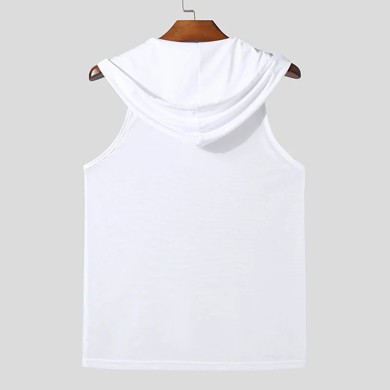 INCERUN Men Tank Tops Mesh Transparent Solid Color Hooded Sleeveless V Neck Male Vests Streetwear Sexy 2024 Fashion Men Clothing