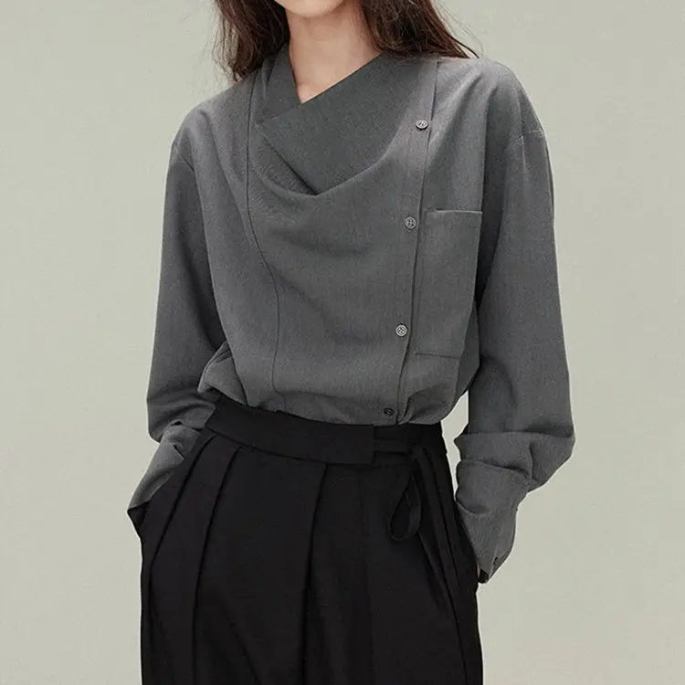 Premium gray drape shirt retro loose collar design long sleeve shirt bottoming shirt women's spring large size tide
