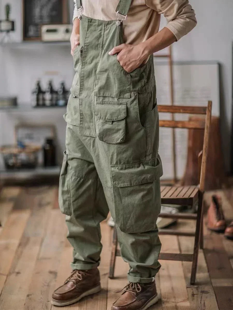 Trendy Brand Straight Tube Multi Pocket Work Overalls Men's Light Green Hip-hop Jumpsuit Couple Suspender Pants