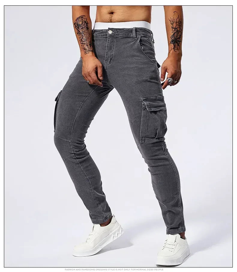 2025 New Men Street Elastic Denim Jeans Multi Pockets Cargo Pants Casual Slim Denim Trousers Fashion Y2k Joggers Baggy Man Pants