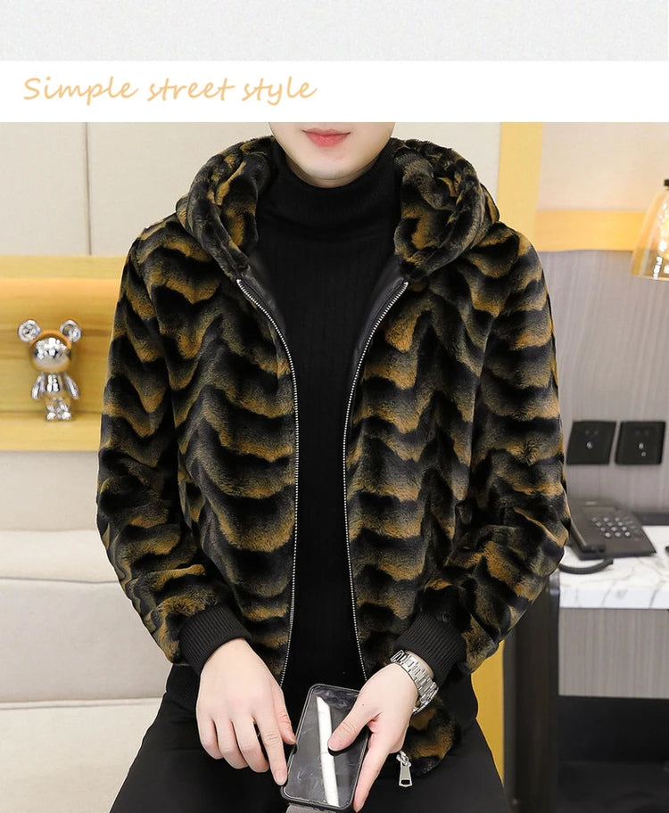 2022 Winter Faux Fur Mink Jackets Men Thicken Warm Imitation Fur Hooded Coat Slim Casual Business Social Jackets Men Clothing