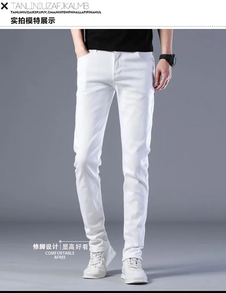 2024 Spring and Autumn New Fashion Trend White Elastic Denim Pants Men's Casual Slim Comfortable Breathable Small Legs 28-38