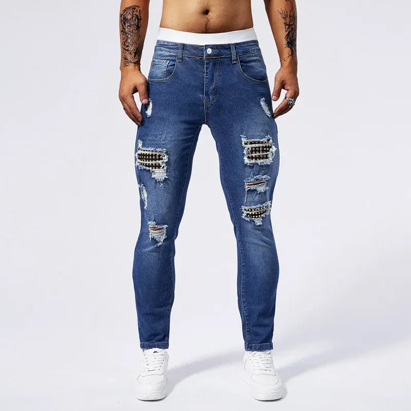 Jeans Ripped Patchwork Men's Blue Elastic Slim Straight Denim Pants Fashion Joggers Biker Trousers Hip Hop Rock Streetwear