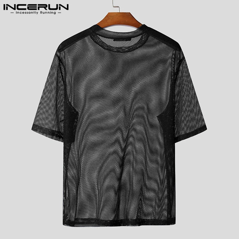 INCERUN Men T Shirt Mesh Transparent Printing O-neck Short Sleeve Sexy Men Clothing Streetwear Summer 2024 Fashion Male Tee Tops
