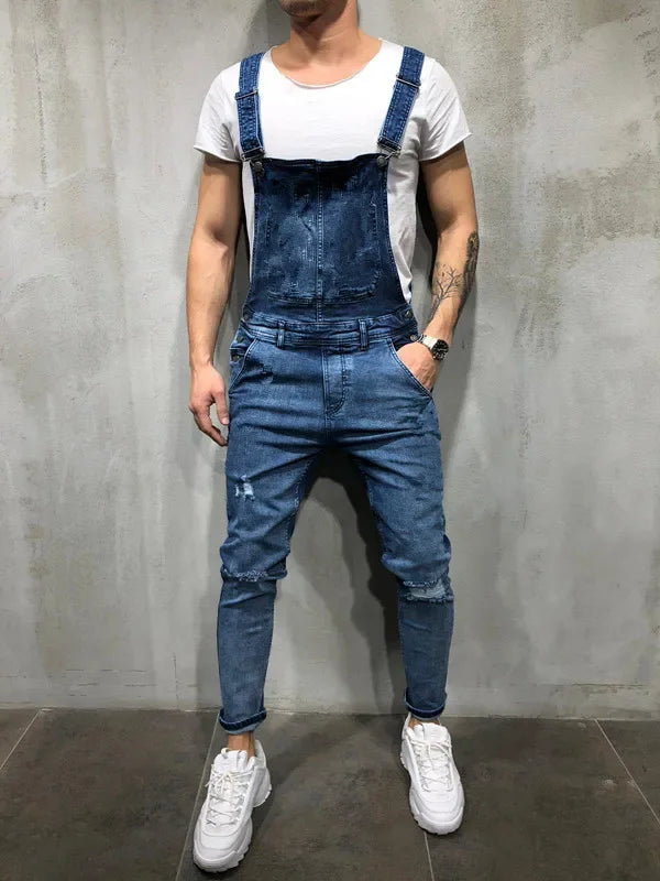 Men Jeans Jumpsuits Denim Overalls Distressed Pockets One Piece Pencil Pants Solid Washed Ankle Length Safari Style Spliced 2025