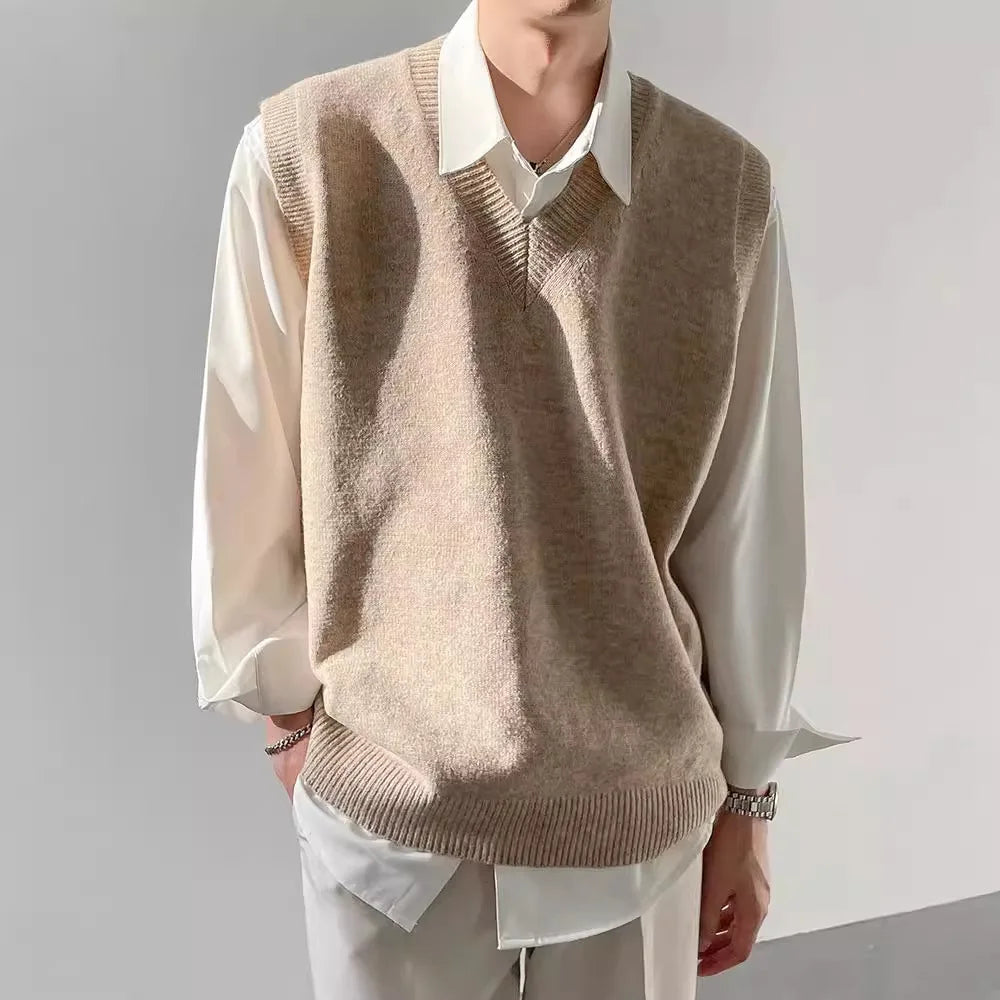 Korean Loose Base Knitted Sweater Sleeveless Vest Men's Underwear Pullover V-neck Sweater Vest